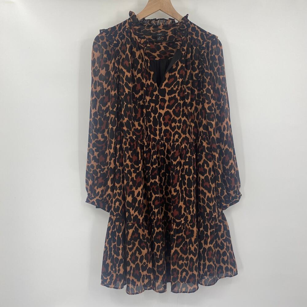 J. Crew Black and Brown Leopard-Print Tiered Mini Dress - Picture 2 of 8